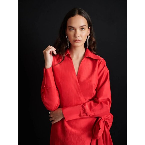 Ghospell Taffeta Wrap-Style Mini Dress With Tie Waist & Long Sleeves M+ - Picture 10 of 12